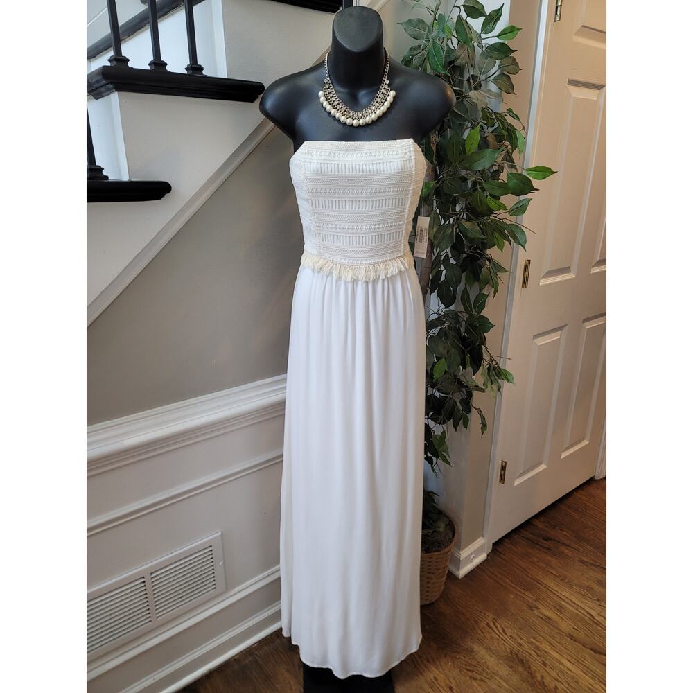 Ella Mass Lilita Strapless Maxi Dress Womens Size Medium White Lace Fringe Party